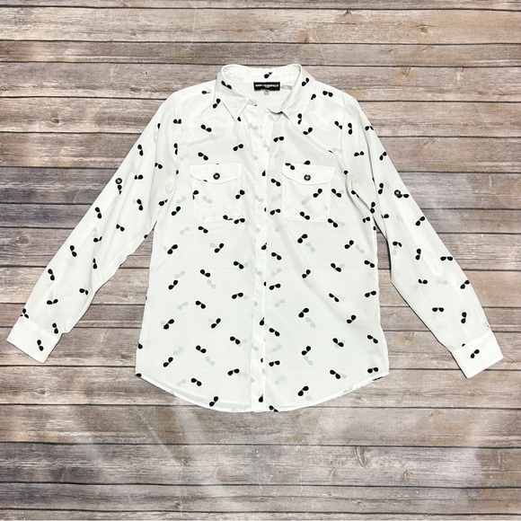 Karl Lagerfeld White Black Sunglasses Roll Tab Sleeve Button Up Collar Blouse XS - Picture 13 of 15